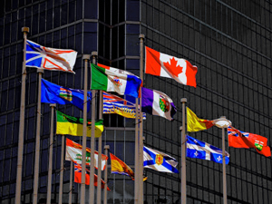 Canadian provincial flags flying at Canada Place